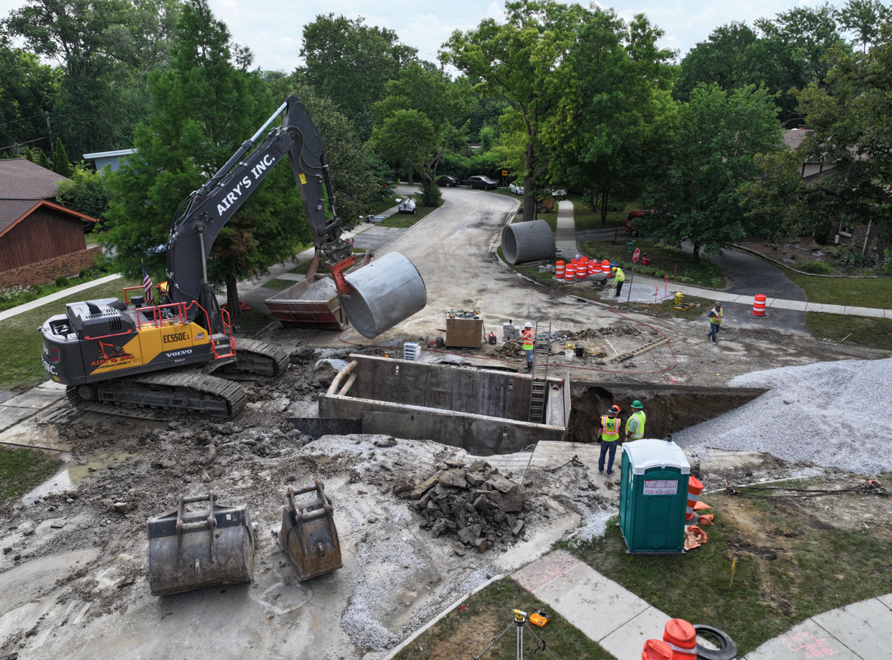 Drone view of storm sewer installation on Lawrence Crescent
